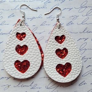 White Leather Earrings Red Glitter Hearts